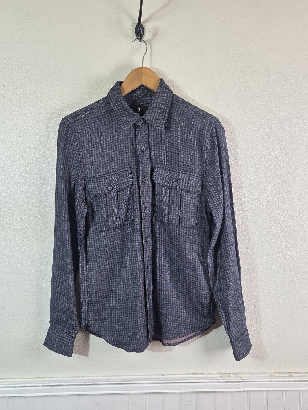 7 For All Mankind Mens XS Blue Gray Check Button Front Shirt Long Sleeve Cotton
